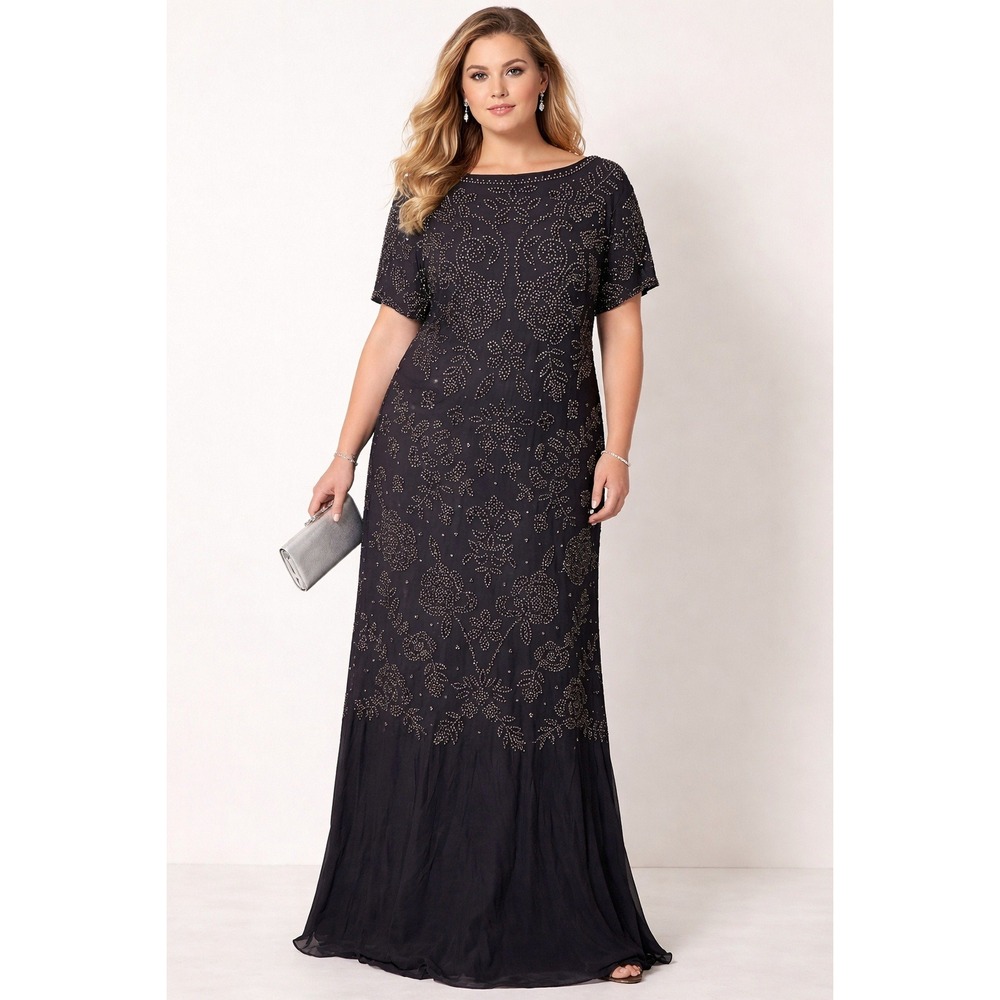 Betsy & Adam Beaded Gown Cognac Black Tie Formal MOTB Gala Old Money Elegant 14W